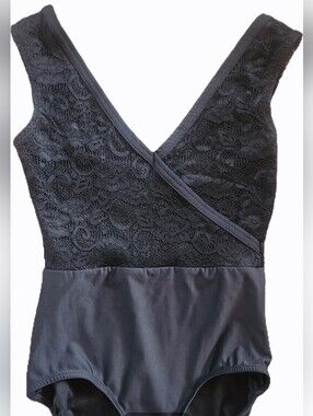LuckyLeo Black Lace Wrap-Front Leotard Medium